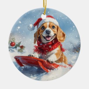 Beagle Hund in Sledge Lass es Schnee Weihnachten Keramik Ornament