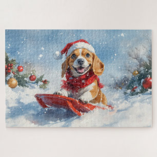 Beagle Hund in Sledge Lass es Schnee Weihnachten Puzzle