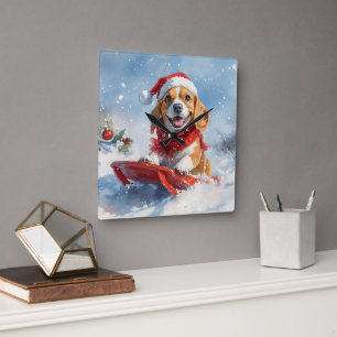 Beagle Hund in Sledge Lass es Schnee Weihnachten Quadratische Wanduhr