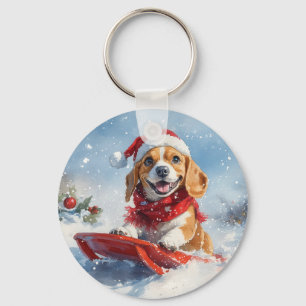 Beagle Hund in Sledge Lass es Schnee Weihnachten Schlüsselanhänger