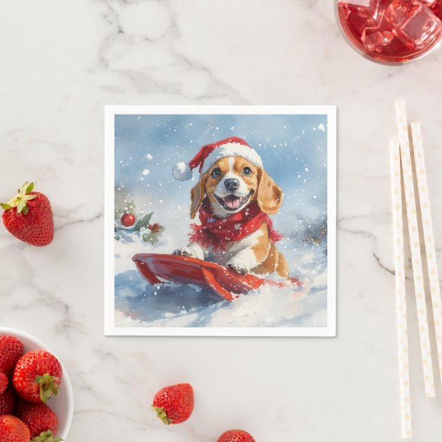 Beagle Hund in Sledge Lass es Schnee Weihnachten Serviette (Beispiel)