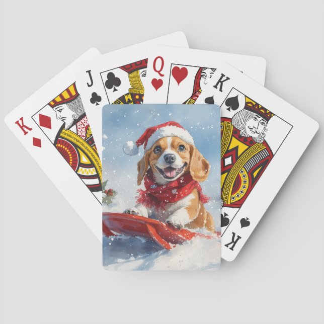 Beagle Hund in Sledge Lass es Schnee Weihnachten Spielkarten (Rückseite)