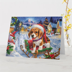 Beagle Hund in Sleigh Schnee Weihnachten Karte
