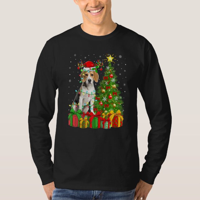 Beagle Hund Lighting Xmas Tree Weihnachtsmannmütze T-Shirt (Vorderseite)