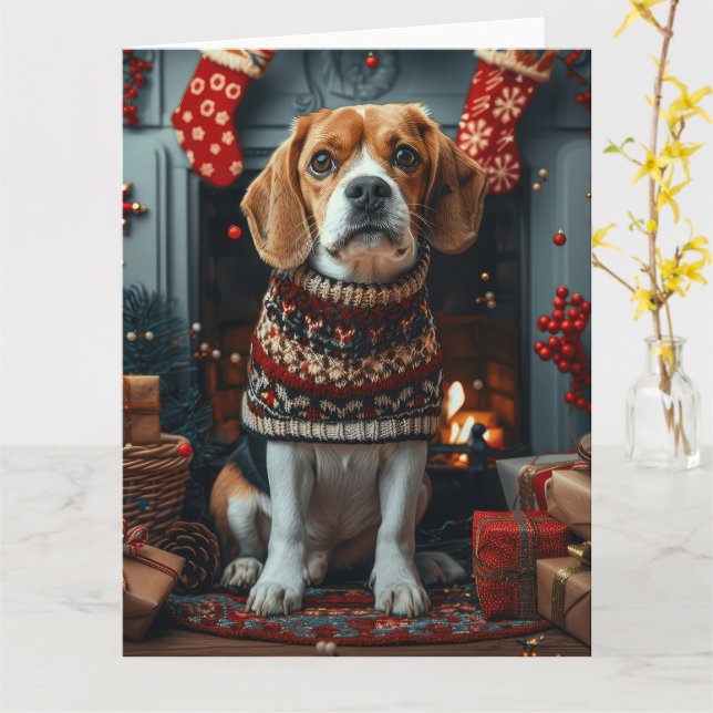 Beagle Hund mit Weihnachtsgeschenken Feuerplatz Karte (Gelbe Blume)