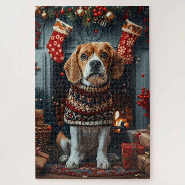 Beagle Hund mit Weihnachtsgeschenken Feuerplatz Puzzle (Vertikal)