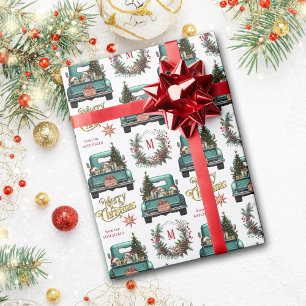 Beagle Hund Retro LKW Monogramm Weihnachten Geschenkpapier