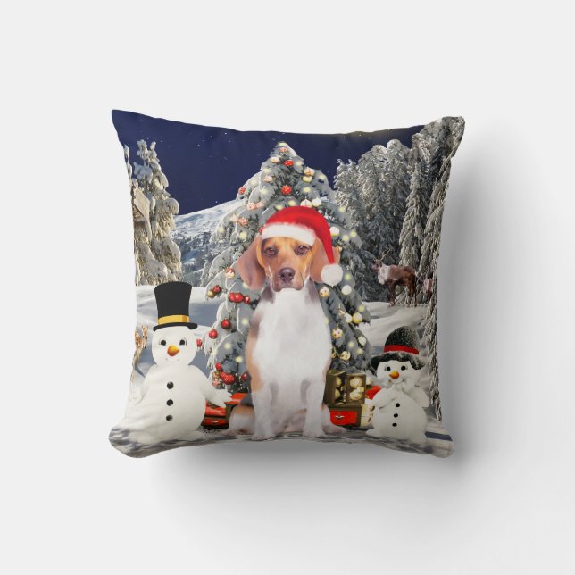 Beagle Hund sitzen in Schnee Weihnachtshut Kissen (Vorderseite)