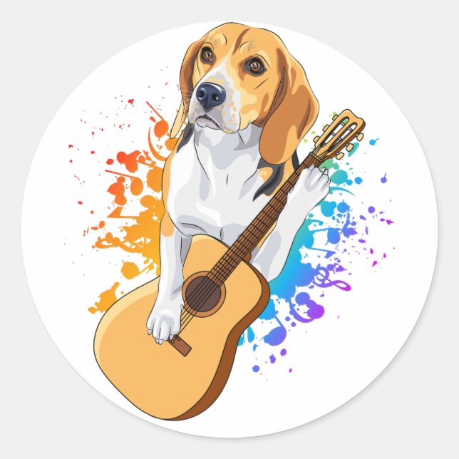 Beagle Hund spielt akustische Gitarre Runder Aufkleber (Vorderseite)