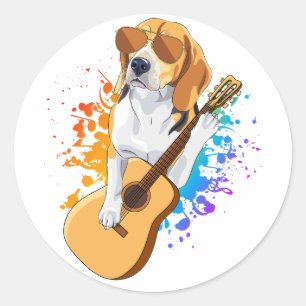 Beagle Hund tragen Sonnenbrille Gitarre spielen Runder Aufkleber