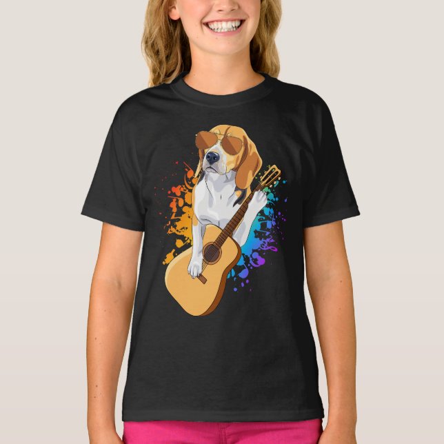 Beagle Hund tragen Sonnenbrille spielen Gitarrenmä T-Shirt (Vorderseite)