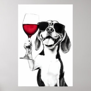 Beagle Hund trinkt Wein Kunst Druck Lustige Küche Poster