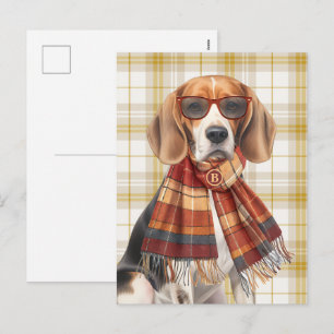 Beagle-Hund und goldenem Karomuster mit Monogramm Feiertagspostkarte