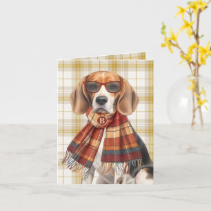 Beagle-Hund und goldenes Karomuster mit Monogramm Karte