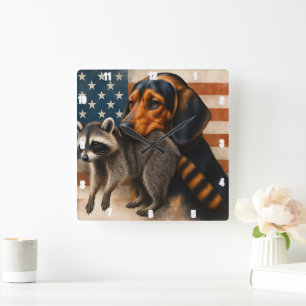Beagle Hund und Raccoon Illustration mit Amerikane Quadratische Wanduhr