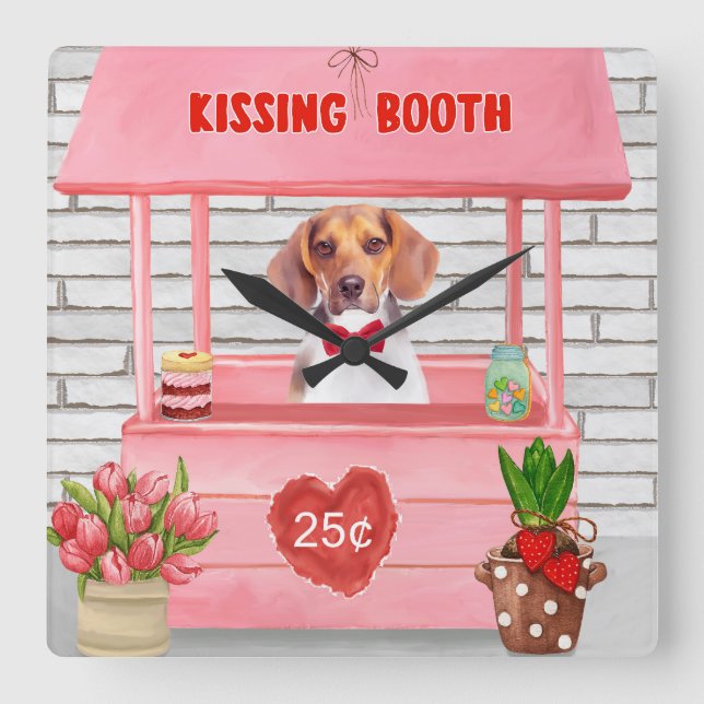 Beagle Hund Valentinstag Kissing-Stand Quadratische Wanduhr (Vorderseite)