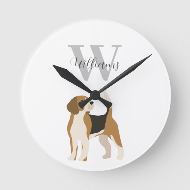 Beagle-Hund Wasserfarben-Monogramm Name  Runde Wanduhr (Vorderseite)