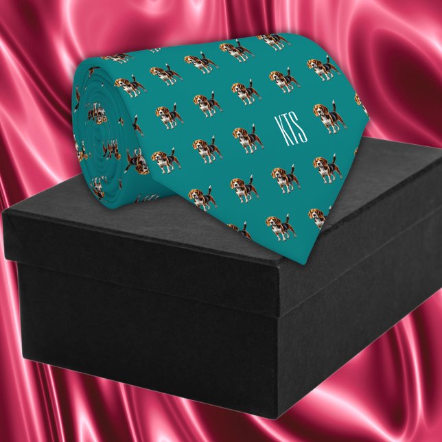 Beagle Hunde Muster Mit Monogramm Tierarzt Krawatte (Beagle Dogs Pattern Monogrammed Veterinarian Neck Tie in teal color.)