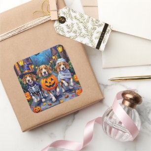 Beagle Hunde Trick-or-Treating in Halloween-Kostüm Quadratischer Aufkleber