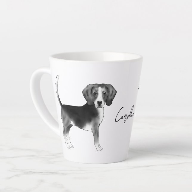 Beagle-Hundedesign in Schwarz-Weiß mit Namen Milchtasse (Linke Ecke)