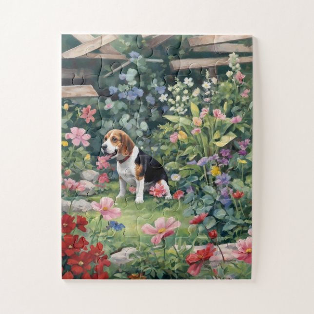 Beagle im Garten Blumengeschenk, Tierfreund Puzzle (Vertikal)