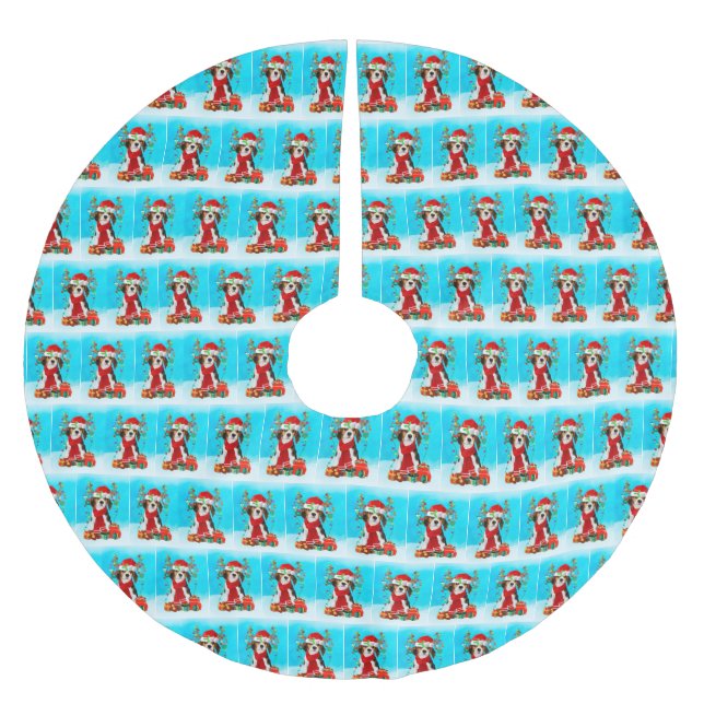 Beagle im Schnee mit Weihnachtsgeschenken und Hund Polyester Weihnachtsbaumdecke (Vorderseite)