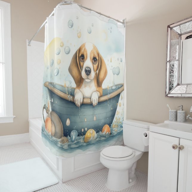 Beagle in der Badewanne Wasserfarben Kunst Duschvorhang (Beispiel)