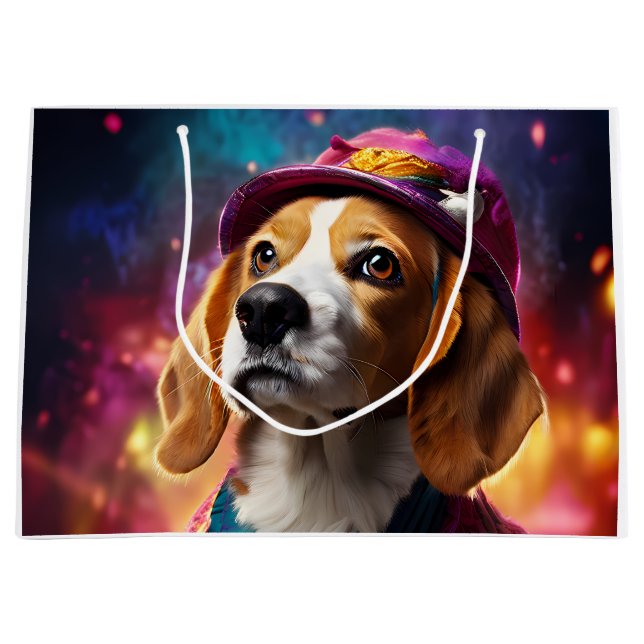 Beagle in einem rosa Hut Große Geschenktüte (Vorderseite)