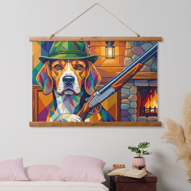 Beagle Jäger Pop Art – Moderner Jagdhund Wandteppich Mit Holzrahmen (Schlafzimmer)