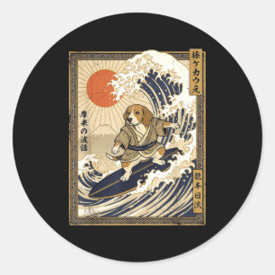 Beagle japanischer Surfer Kanagawa-Welle lustiger  Runder Aufkleber