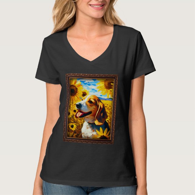 Beagle-Malerei Sonnenblumen-Blumen-Mama-Frauen-Blu T-Shirt (Vorderseite)