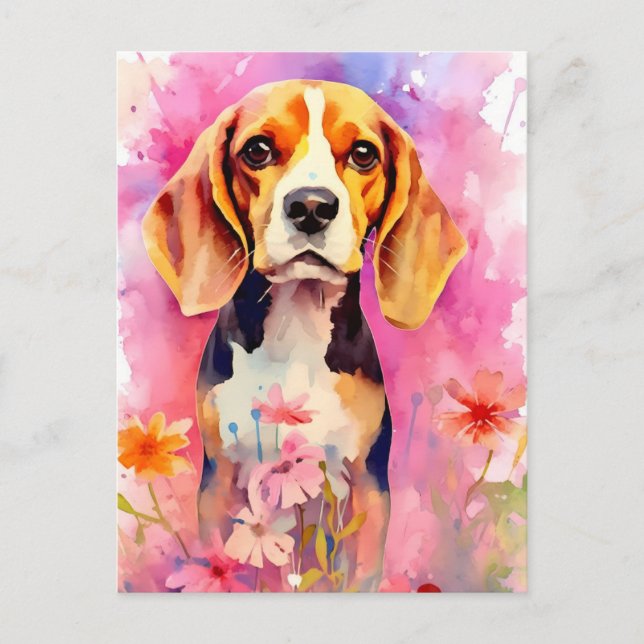 Beagle mit Blume Aquarell Postkarte (Vorderseite)