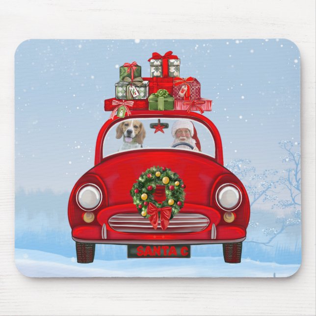 Beagle mit dem Weihnachtsmann im Auto Mousepad (Vorne)