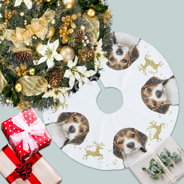 Beagle mit Gold Glitzer Hirsche Weihnachten | weiß Polyester Weihnachtsbaumdecke (Von Creator hochgeladen)