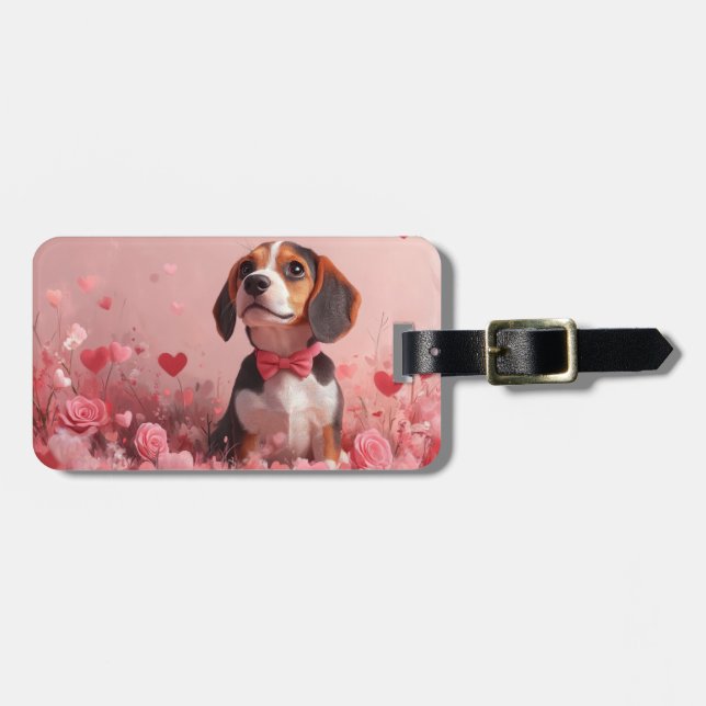 Beagle mit Rose - Valentinstag Gepäckanhänger (Vorderseite horizontal)