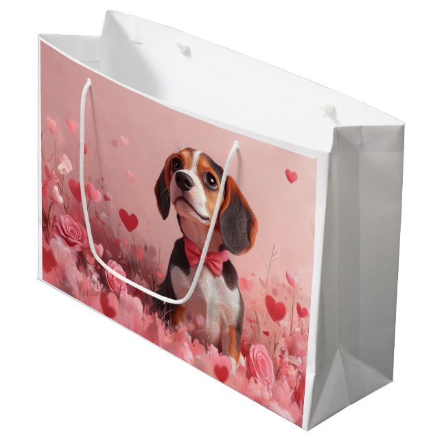 Beagle mit Rose - Valentinstag Große Geschenktüte (Vorderseite Schrägansicht)