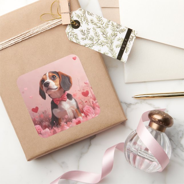 Beagle mit Rose - Valentinstag Quadratischer Aufkleber (Schenken)