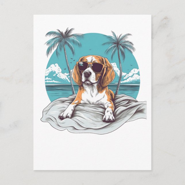 Beagle mit Sonnenbrille am Strand Postkarte (Vorderseite)