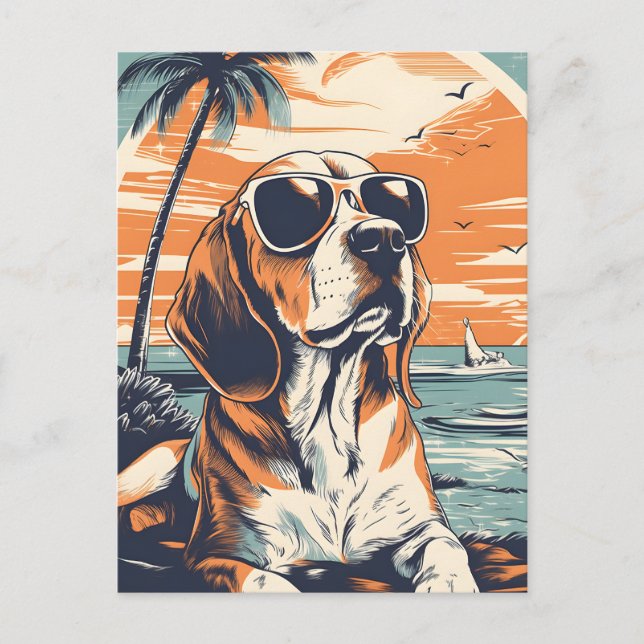 Beagle mit Sonnenbrille am Strand Postkarte (Vorderseite)