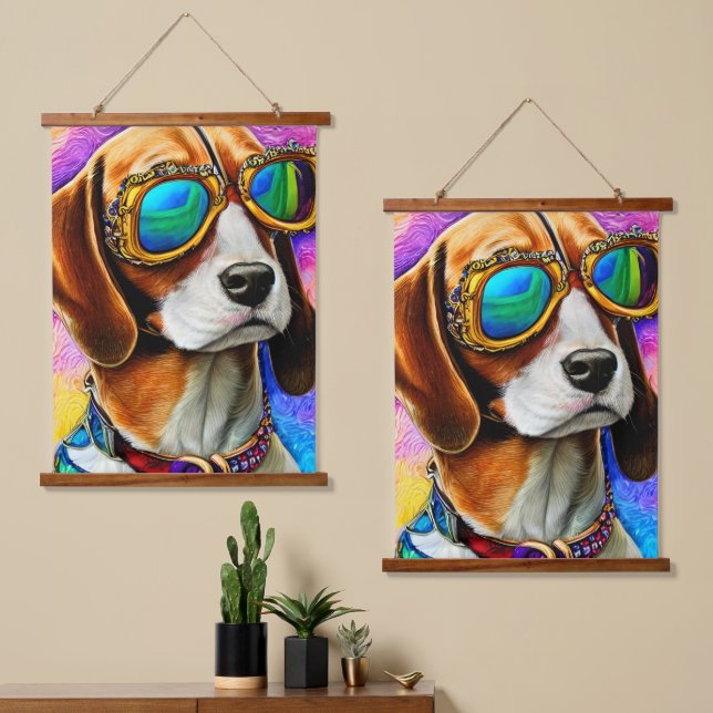 Beagle mit Sonnenbrille Wandteppich Mit Holzrahmen (Asymmetrisch)