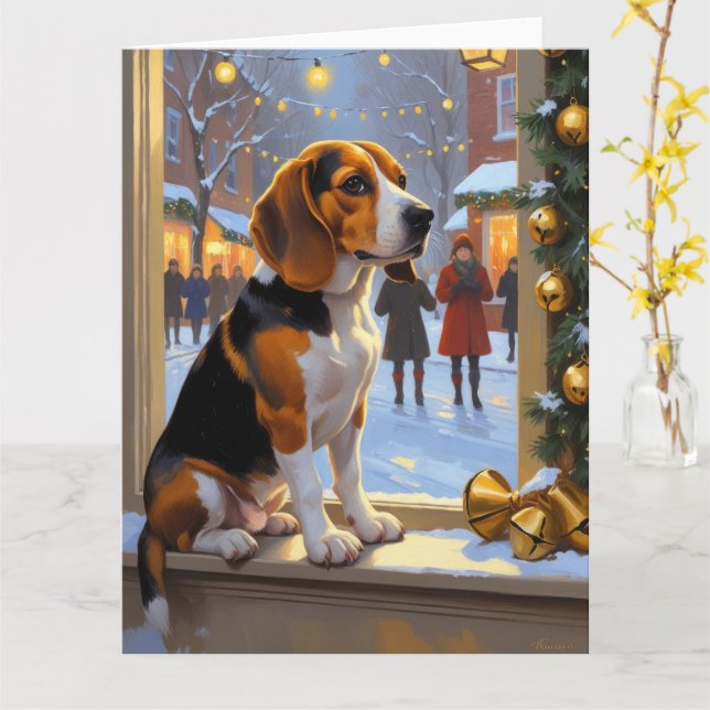 Beagle mit Weihnachtsbeleuchtung Urlaub Karte (Gelbe Blume)