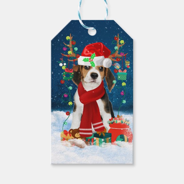 Beagle mit Weihnachtsgeschenke Geschenkanhänger (Vorderseite)