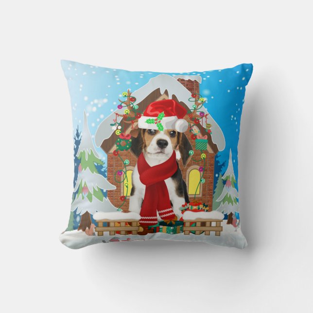 Beagle mit Weihnachtsgeschenke Kissen (Vorderseite)