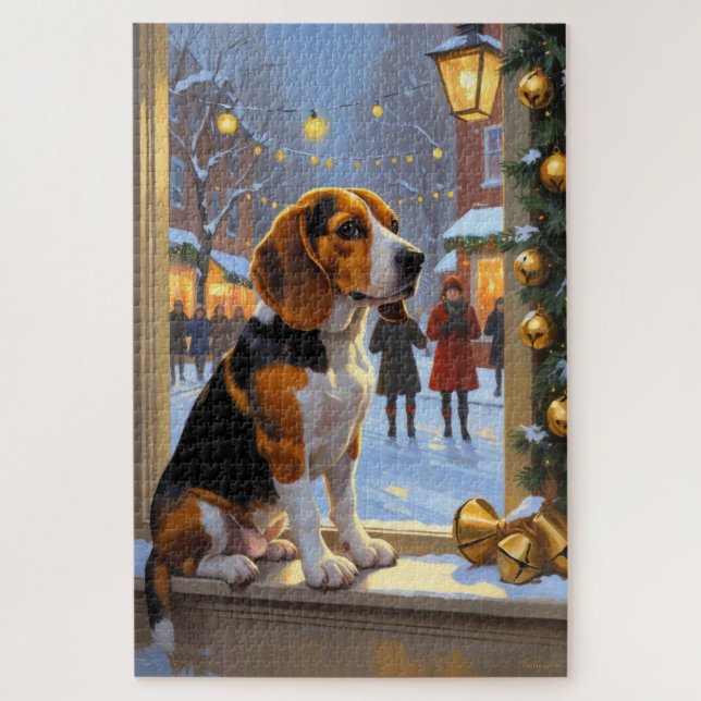 Beagle mit Weihnachtslichtern Urlaub Puzzle (Vertikal)