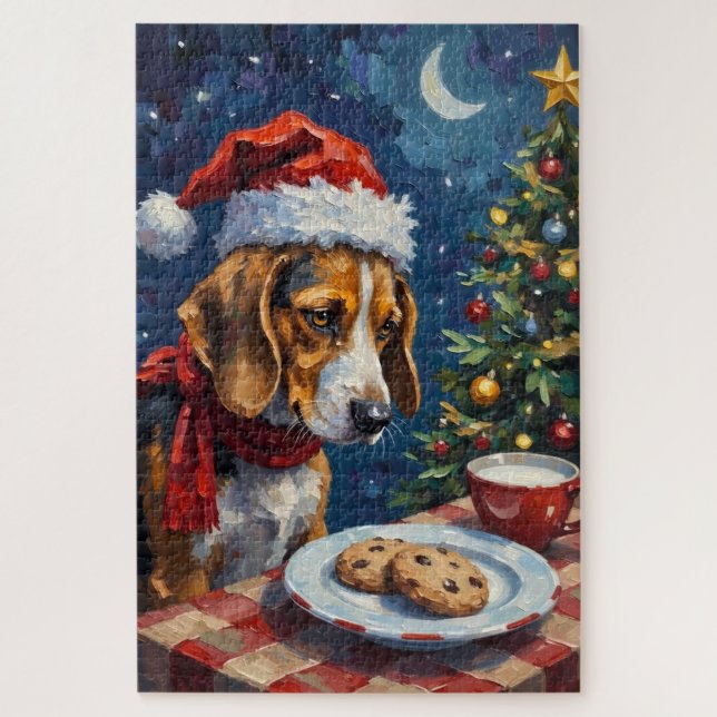 Beagle Nudging Santa's Christmas Cookies Hat Puzzle (Vertikal)