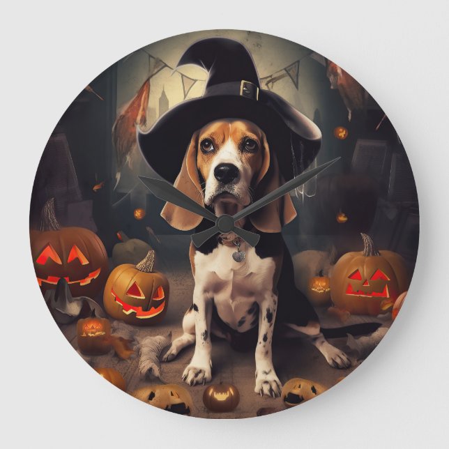 Beagle Pumpkins Halloween Beängstigend Große Wanduhr (Vorderseite)