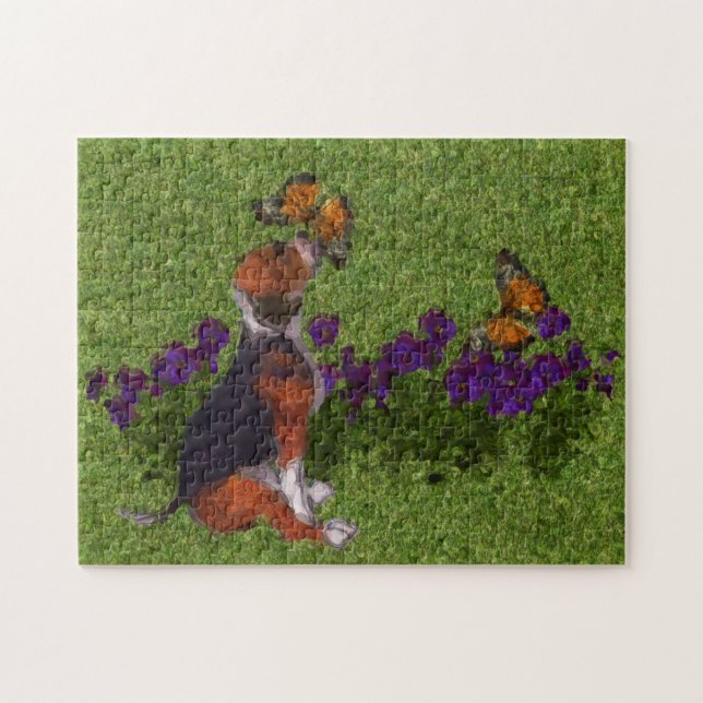 Beagle Puppy Butterflies Dog Art Foto Malerei Puzzle (Horizontal)