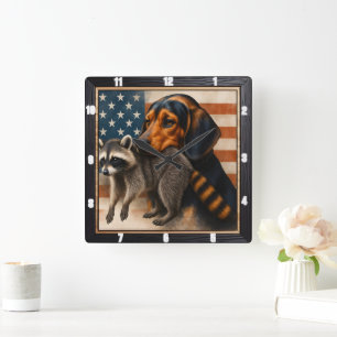 Beagle Raccoon Amerikanische Flagge Quadratische Wanduhr