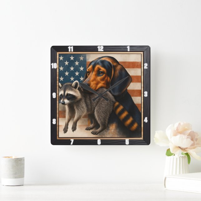 Beagle Raccoon Amerikanische Flagge Quadratische Wanduhr (Zuhause)