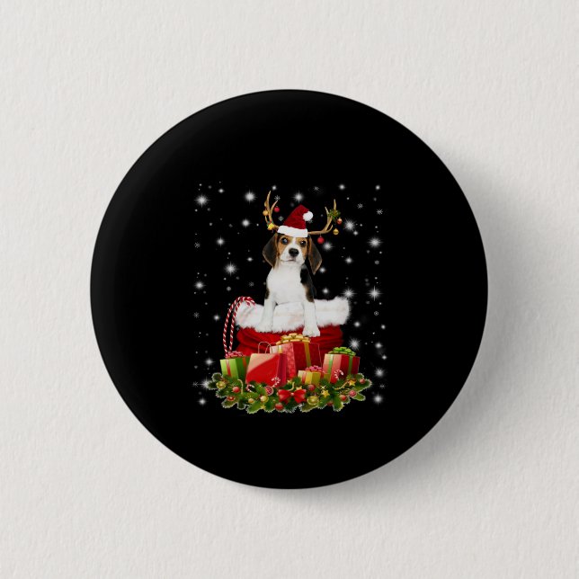 Beagle Reindeer präsentiert Weihnachtsgeschenk Button (Vorderseite)